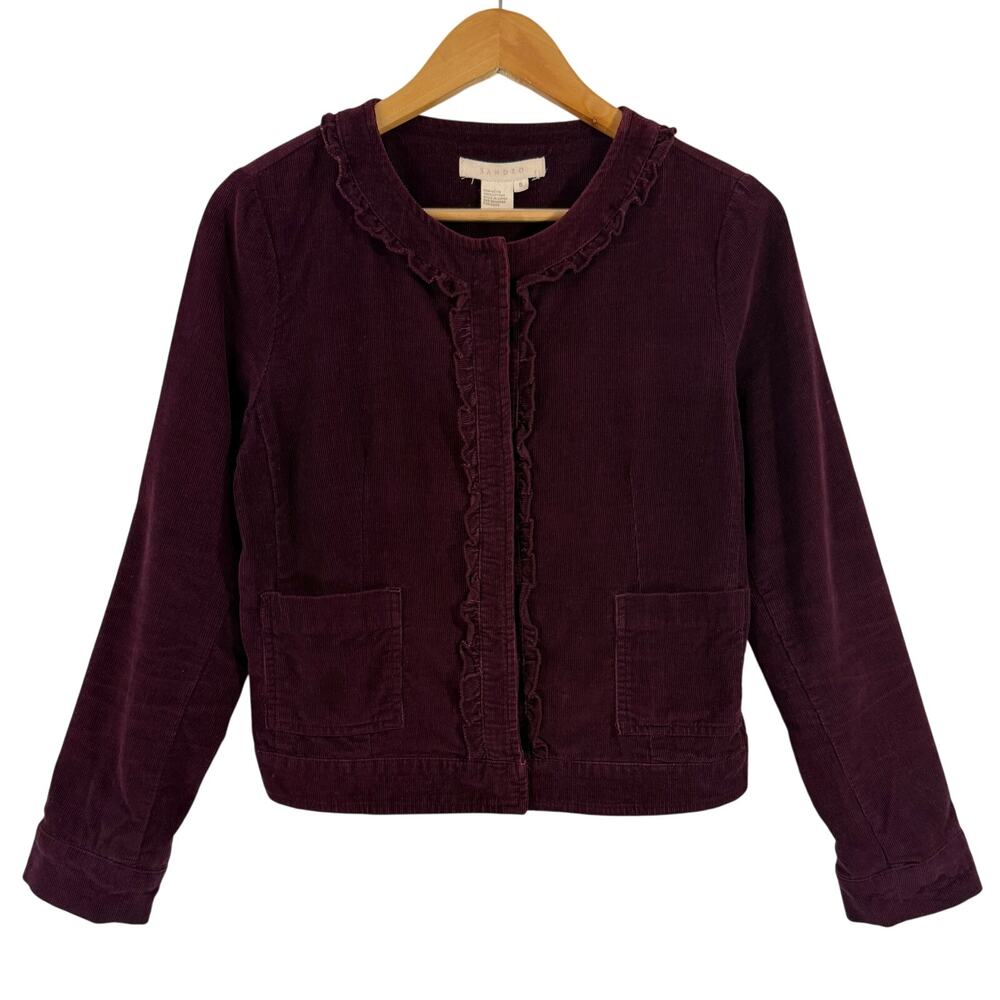 Sandro Paris Corduroy Ruffle Jacket Burgundy Snap Front 100% Cotton Sz S